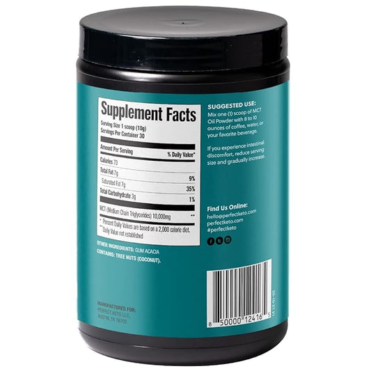 Perfect Keto 7g MCT Oil Powder, Medium Chain Triglycerides Supplement, Non Dairy Coffee Creamer for Keto Diet, Ketogenic MCT Oil Mix for Coffee, Smoothie, Protein Shakes, Tea, Unflavored, 30 Servings