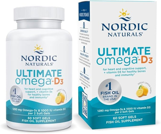 Nordic Naturals Ultimate Omega-D3, Lemon Flavor 60 Soft 1280 mg Omega-3 + 1000 IU D3 - Omega-3 Fish 30 Servings