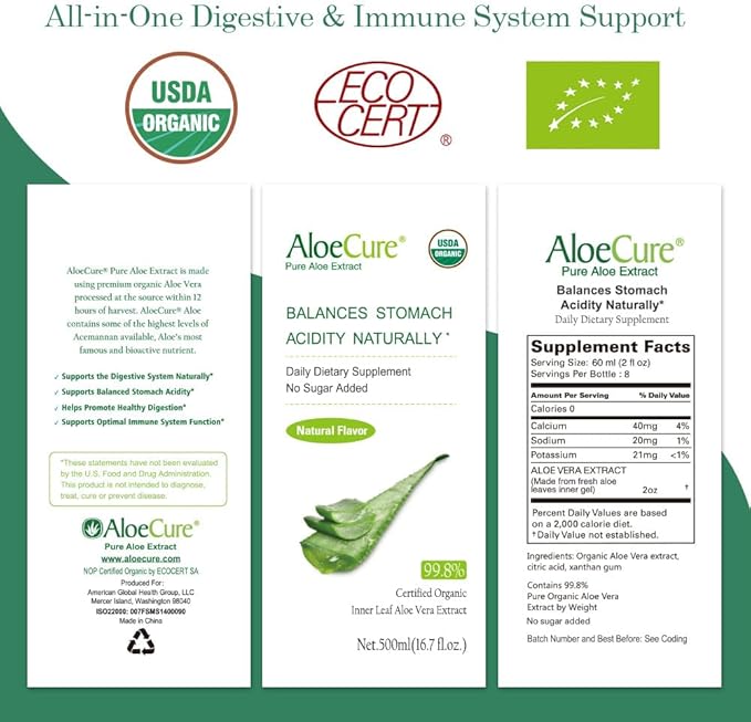 AloeCure USDA Organic Aloe Vera Juice Made Within 12 Hrs of Harvest - Pure Aloe Juice Natural Digestive Supplement to Support Digestion, Immune System and Balanced Stomach Acidity, 6 x 500ml Bottles