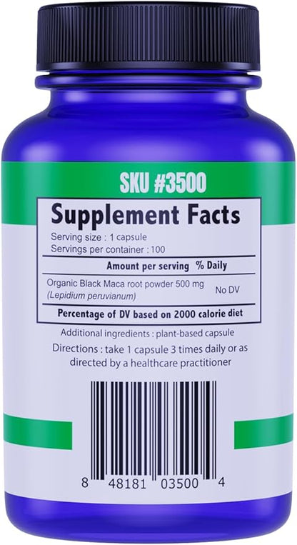 Black Maca 500mg 60 Capsules - Organic, Non-GMO, Vegan, Gluten Free- Black Maca Root Supplement for Whole Body Wellness