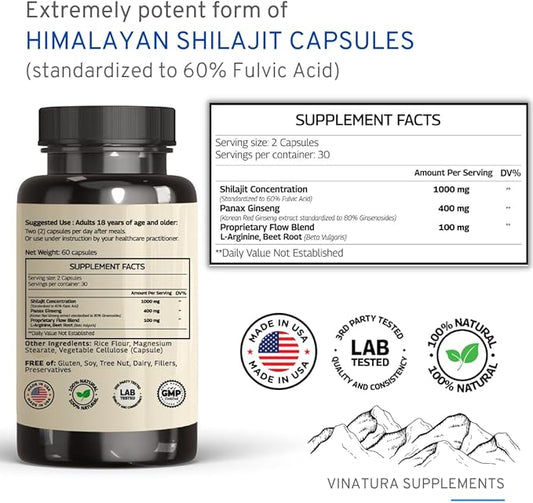 Shilajit Pure Himalayan Capsules (60% Fulvic Acid) 1500mg with