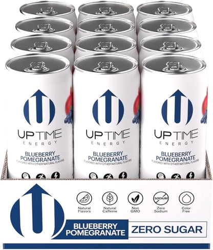 UPTIME Energy Drink, Blueberry Pomegranate, 12 Pack, Vitamin C, L Theanine, Calcium, Sugar Free Energy Drinks for Focus Support, 142mg of Natural Caffeine, 0 Calories, Clean, Natural, 12 fl oz Cans