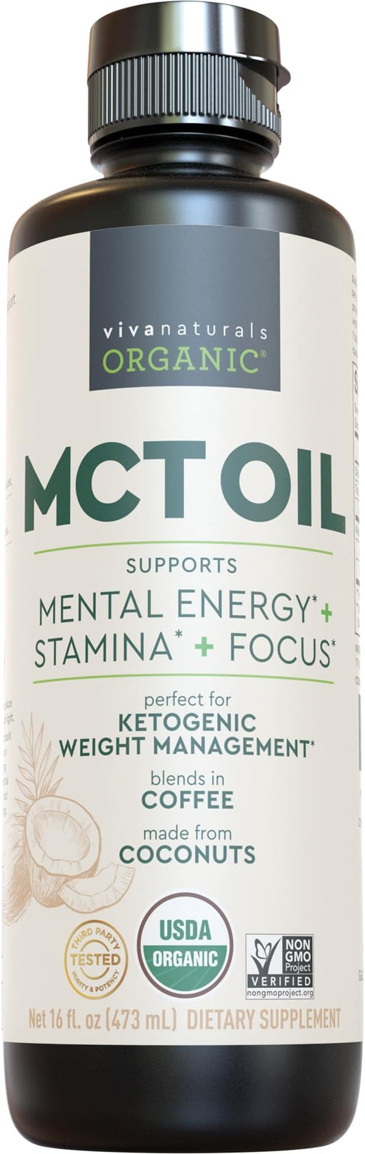 Viva Naturals Organic MCT Oil 16 fl oz - Best MCT Oil Organic for Coffee, MCT Coconut Oil Supports Energy & Mental Clarity, USDA Organic, Non-GMO, Paleo & Keto Certified, MCT Wellness