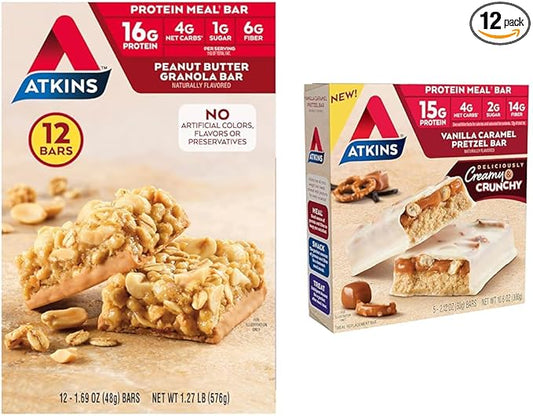 Atkins Peanut Butter Granola Protein Meal Bar, High Fiber, 16g Protein, 1g Sugar, 4g Net Carb, 12 Count & Atkins Vanilla Caramel Pretzel Protein Meal Bar, 2g Sugar, 5 Count Bundle