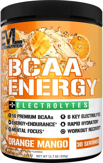 EVL BCAAs Amino Acids Powder - BCAA Energy Pre Workout Powder for Muscle Recovery Lean Growth and Endurance - Rehydrating BCAA Powder Post Workout Recovery Drink with 6 Key Electrolytes - Orange Mango