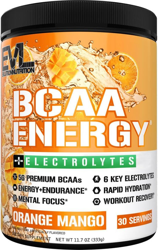 EVL BCAAs Amino Acids Powder - BCAA Energy Pre Workout Powder for Muscle Recovery Lean Growth and Endurance - Rehydrating BCAA Powder Post Workout Recovery Drink with 6 Key Electrolytes - Orange Mango