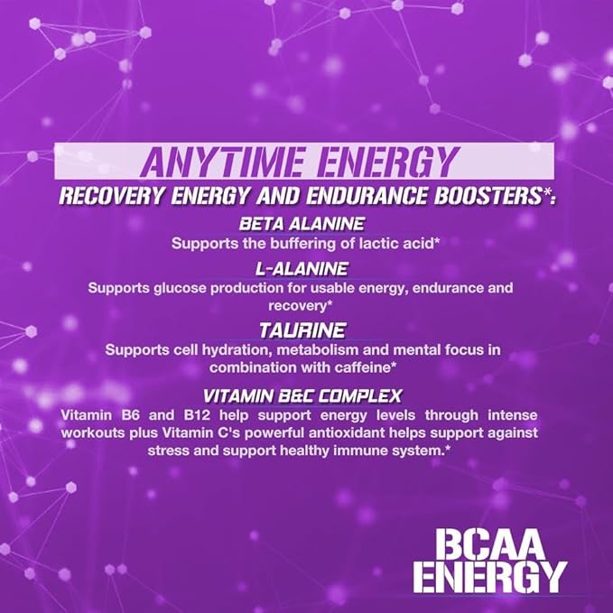 EVL BCAAs Amino Acids Powder - BCAA Energy Pre Workout Powder for Muscle Recovery Lean Growth and Endurance - Rehydrating BCAA Powder Post Workout Recovery Drink with Natural Caffeine - Furious Grape