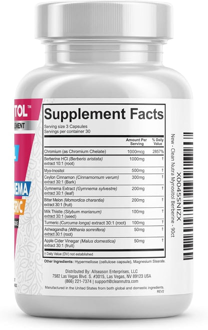 Clean Nutra Berberine Inositol Supplement with Ceylon Cinnamon, Bitter Melon, Gynema Sylvestre, Milk Thistle, Turmeric - 90 Vegan Vegetarian Capsules, Non-GMO, Gluten Free - Berberine for Women Men