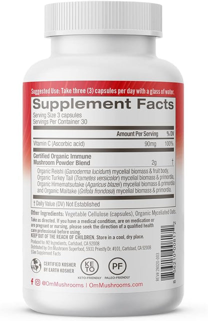 Om Mushroom Superfood Immune Defense Mushroom Capsules Superfood Supplement, 90 Count, 30 Days, Mushroom Blend, Reishi, Turkey Tail, Maitake, Agaricus Blazei, Vitamin C, Vegan