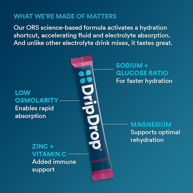 DripDrop Hydration - Sunburst Variety Pack - Electrolyte Drink Mix Single Serve Powder Packets - Lemon Lime, Strawberry, Peach, Black Cherry | Non-GMO, Gluten Free, Vegan | 32 Sticks