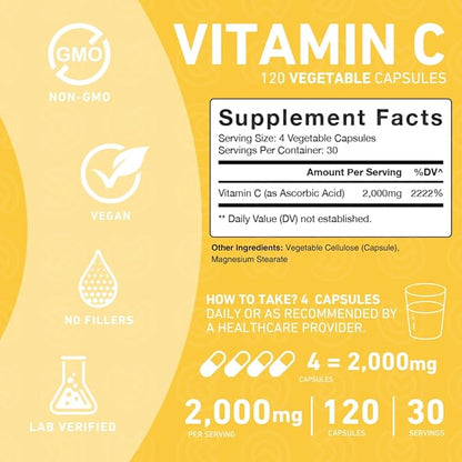 Vitamin C 2000mg Capsules – Double 120 Capsules (1 Month