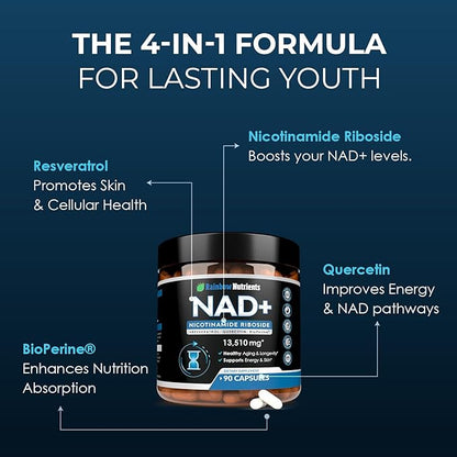 13,510mg NAD+ Supplement- Nicotinamide Riboside, Resveratrol, Quercetin & BioPerine® (High Absorption)- Liposomal NAD Booster for Anti-Aging, Cellular Energy, Skin- For Women & Men- 90 V Capsules