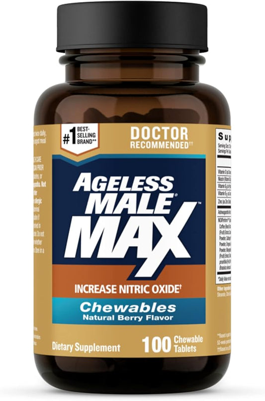 Max Chewable Nitric Oxide Booster Supplement for Men – High Potency Ashwagandha Extract to Boost Workouts, Muscle & Performance, Reduce Stress, Support Sleep - 100 Count