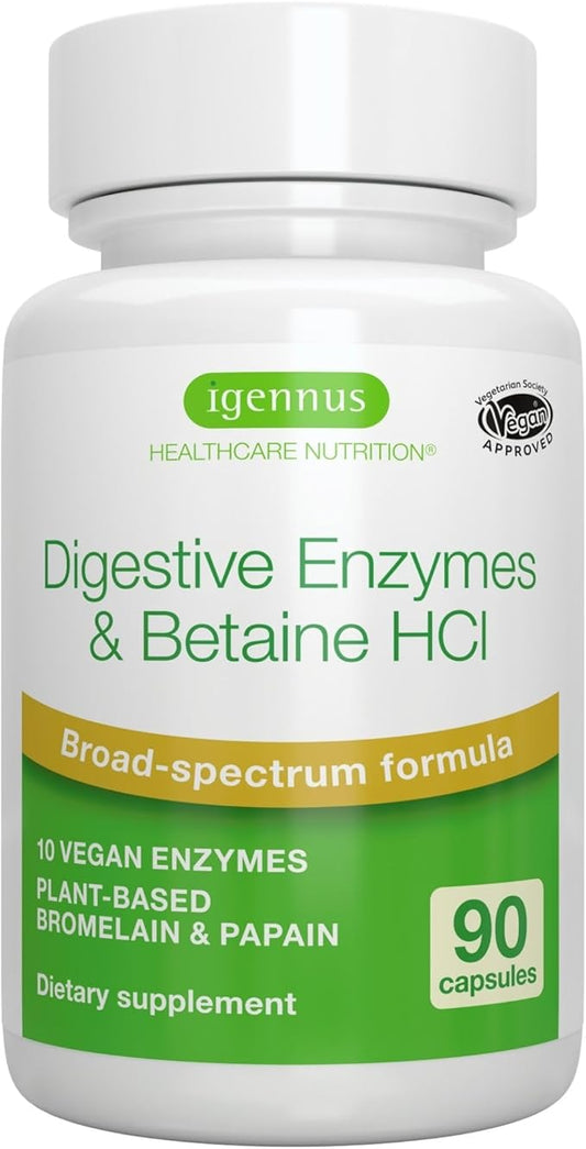 Advanced Digestive Enzymes & Betaine HCl, with Protease, Broad Spectrum, Lipase & Lactase, Plant-Based Vegan Papain & Bromelain, Clean Label, 90 Capsules, by Igennus