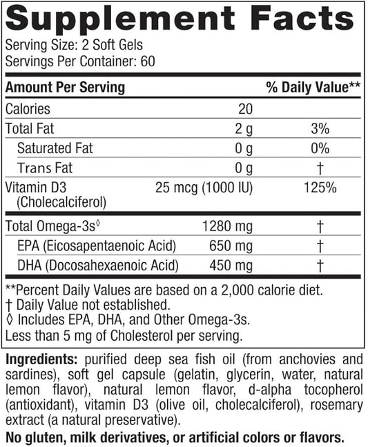 Nordic Naturals Ultimate Omega-D3, Lemon Flavor 120 Soft 1280 mg Omega-3 + 1000 IU D3 - Omega-3 Fish 60 Servings