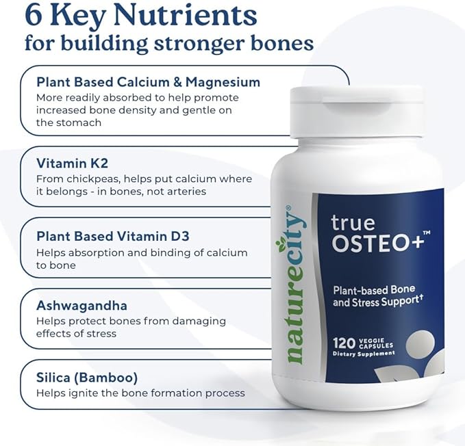 True-Osteo+ Plant-Based Supplement for Bone Strength D3, Vitamin K2, Silicon, (120 Veggie
