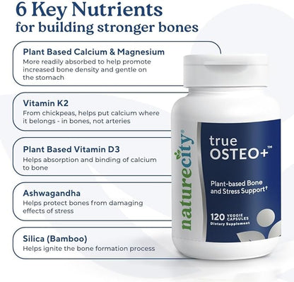 True-Osteo+ Plant-Based Supplement for Bone Strength D3, Vitamin K2, Silicon, (120 Veggie
