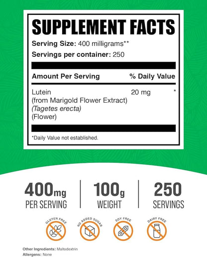 BulkSupplements.com Lutein Powder - from Marigold Flower Extract, Lutein Supplement, Lutein 20mg - Antioxidant Source, Gluten Free, 400mg per Serving, 100g (3.5 oz) (Pack of 1)