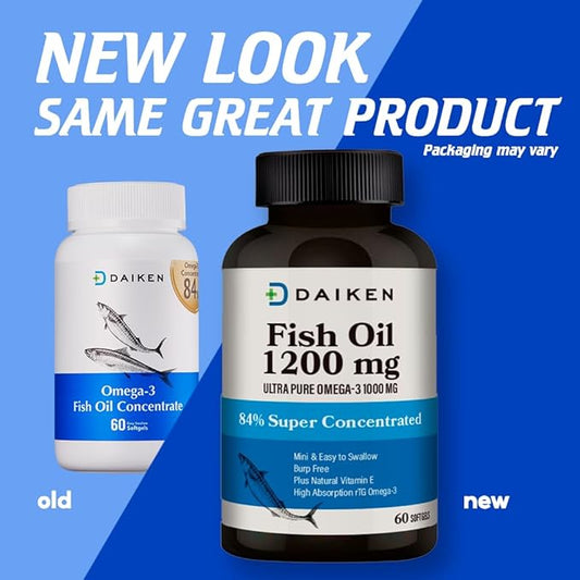 DAIKEN rTG Omega 3 1000mg, High Absorption & Burpless Fish Oil 1200 mg, Mini Fish Oil Softgels for Healthy Heart, Brain and Dry Eyes Support, 60 Small Softgels (Pack of 2)