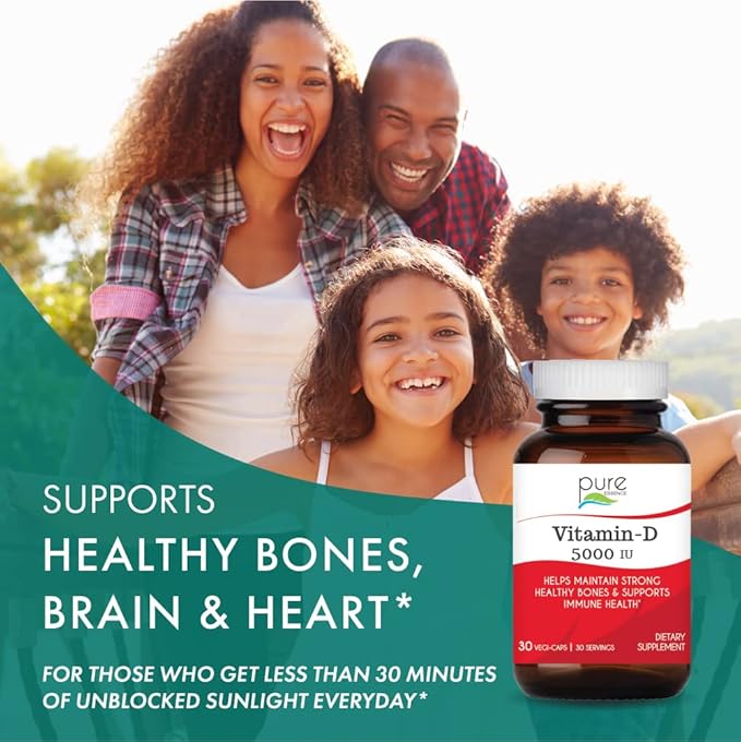Pure Essence Labs Vitamin D - 5000 IU of Vitamin D from 100% Pure Cholecalciferol - 30 Vegetarian Capsules