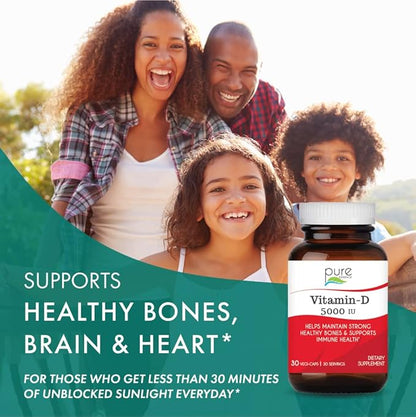 Pure Essence Labs Vitamin D - 5000 IU of Vitamin D from 100% Pure Cholecalciferol - 30 Vegetarian Capsules