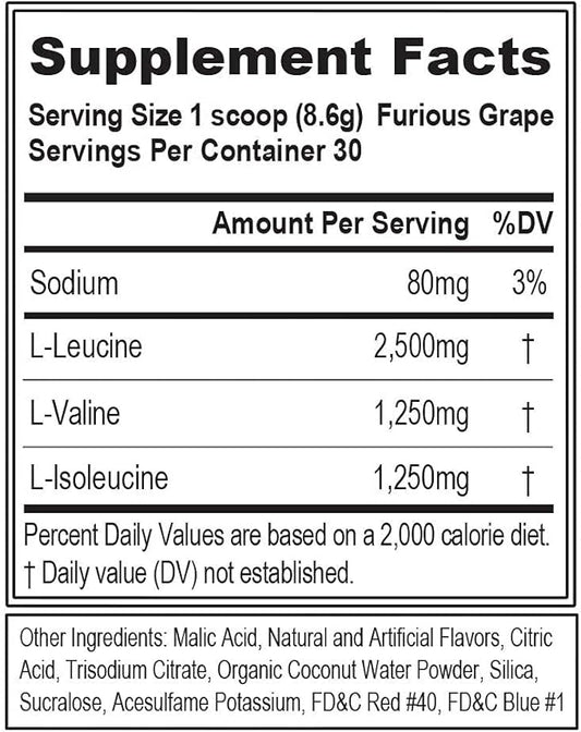 Evlution EVL BCAAs Amino Acids Powder - BCAA Powder Post Workout Recovery Drink and Stim Free Pre Workout Energy Drink Powder - 5g Branched Chain Amino Acids Supplement for Men - Furious Grape