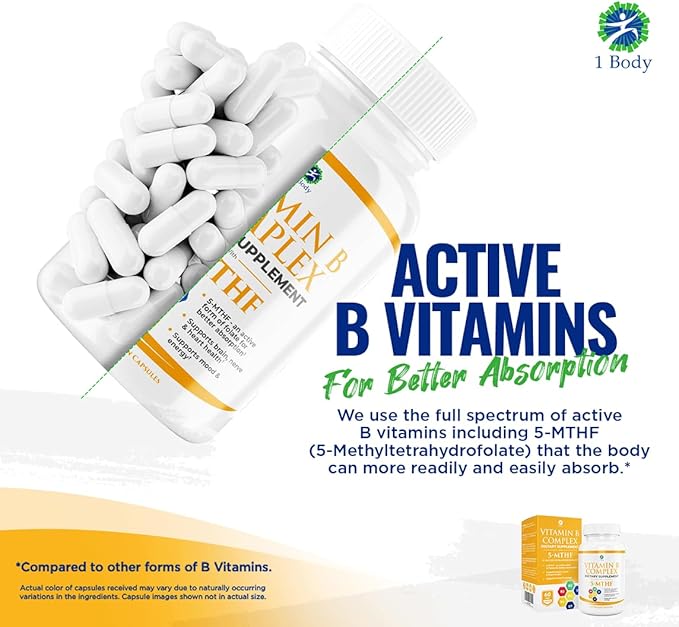 1 Body Vitamin B Complex Twin 5-MTHF Folate B1, B2, B2, B5, B5, B6, B6, Methyl B12, Niacin, 60 capsules