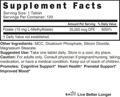 Nutri 5-MTHF L Methylfolate 15MG - 4 Month Supply, 120 Vegan Tablets - Methylated Folate Supplement - Cognitive Function, Heart Health, Prenatal Support - Methylated Folic Acid, MTHFR Supplement…