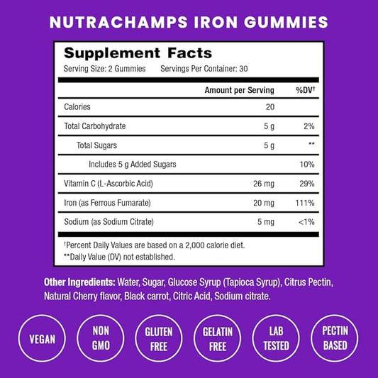 Iron Gummies with Vitamin C | 20mg Iron Gummies for Women, Men & Kids | Blood Cell Formation Support | 60 Gummies | Vegan Iron Gummy for Iron Deficiency & Anemia | Energy, Focus, Immune Boost
