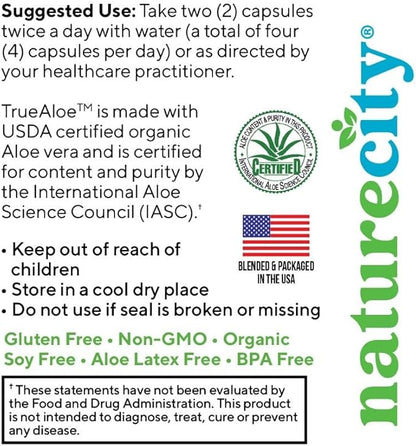 NatureCity True-Aloe 80,000mg Aloe Vera Gel Equivalent Per Serving– Made with Organic Aloe Vera (720 Capsules) Digestive, Skin and Joint Support|Small Easy-to-Swallow Pills