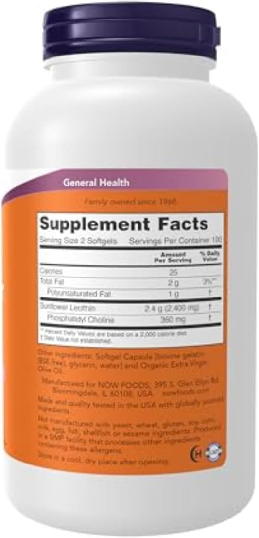 NOW Foods Sunflower Lecithin 1200 mg Soy-Free, Non-GMO - 200 Softgels