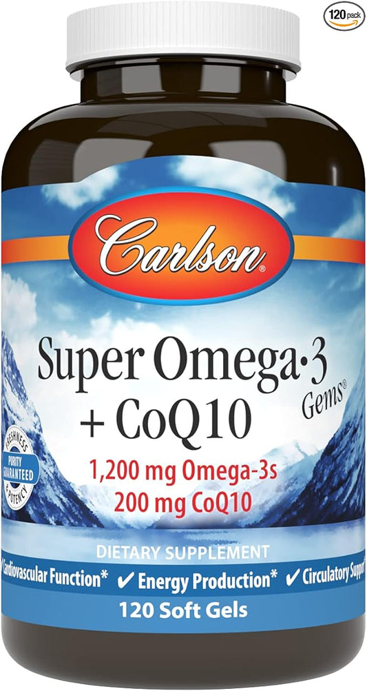 Carlson - Super Omega-3 Gems + CoQ10, 1200 1200 mg Omega-3s 200 200 mg CoQ10, Circulation 120 Softgels