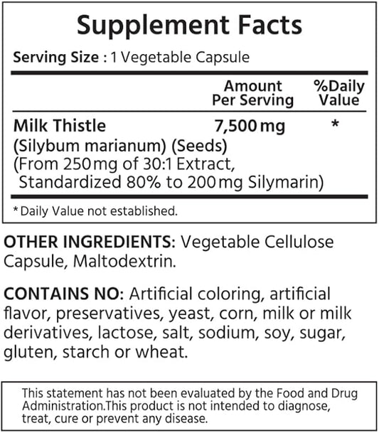Standardized Milk Thistle 30:1 Seed Extract, 7500 mg 80% Silymarin 200 mg 240 Vegetable