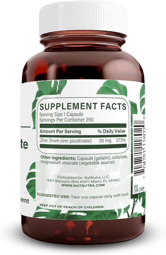 Natural Nutra Zinc Picolinate 30 mg, 250 Capsules