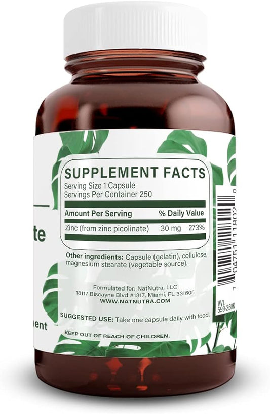 Natural Nutra Zinc Picolinate 30 mg, 250 Capsules (2 Pack)