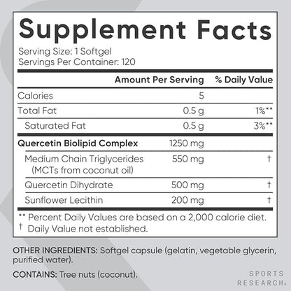 Sports Research Quercetin with Coconut MCT Oil & Sunflower Lecithin for Better Absorption - Supports Antioxidant Activity & Immune Health – Gluten Free & Non-GMO Verified - 120 Liquid Softgels