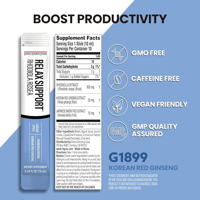 JungKwanJang Relax Support Rhodiola Rosea (800mg), 10 Count