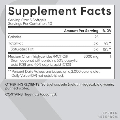 Sports Research Keto MCT Oil Capsules derived from Coconut Oil | Keto Fuel for The Brain & Body | Derived from Non-GMO Coconuts (120 Soft gels)