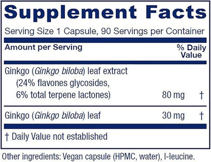 Vitanica Ginkgo Biloba Extract Supports Circulation 24% Flavone 6% Terpene 90 Capsules