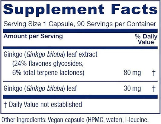 Vitanica Ginkgo Biloba Extract Supports Circulation 24% Flavone 6% Terpene 90 Capsules