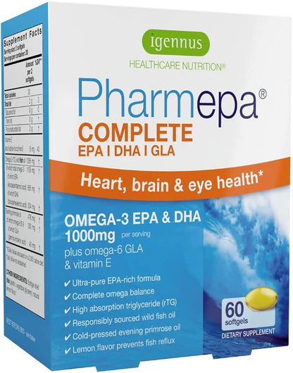 Pharmepa Complete EPA DHA rTG Omega 3 1000mg, 1000mg, High 6 GLA 60 Servings