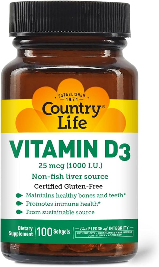 Country Life Vitamin D3, Non-Fish 1000 IU, 100 Softgels, Certified Gluten Free
