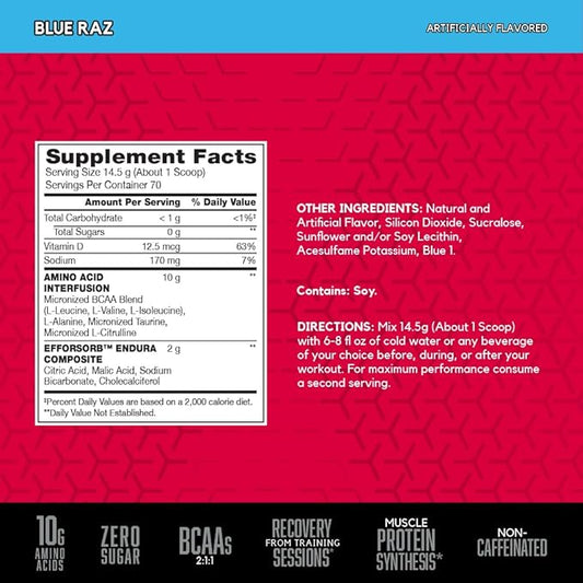 BSN Amino X Muscle Recovery & Endurance Powder with BCAAs, Intra Workout Support, 10 Grams of Amino Acids, Keto Friendly, Caffeine Free, Flavor: Blue Raz, 70 Servings (Packaging May Vary)