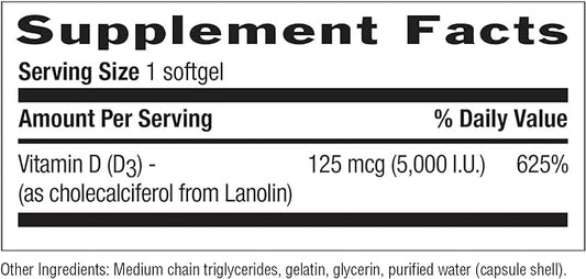 Country Life Vitamin D3, Non-Fish 5000 365 Softgels,