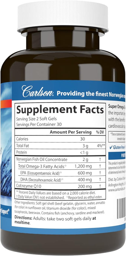Carlson - Super Omega-3 Gems + CoQ10, 1200 1200 mg Omega-3s 200 200 mg CoQ10, Circulation 60 Softgels