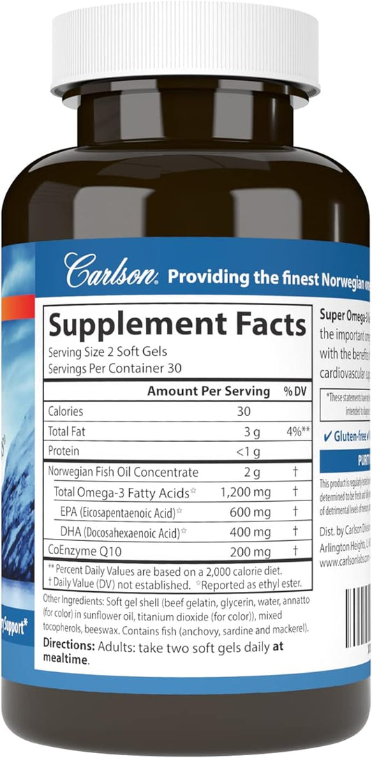 Carlson - Super Omega-3 Gems + CoQ10, 1200 1200 mg Omega-3s 200 200 mg CoQ10, Circulation 60 Softgels