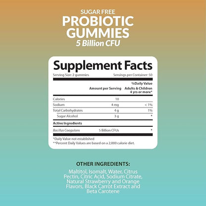 NutriZing Sugar Free Probiotic Gummies 100 Count, 5 Bn