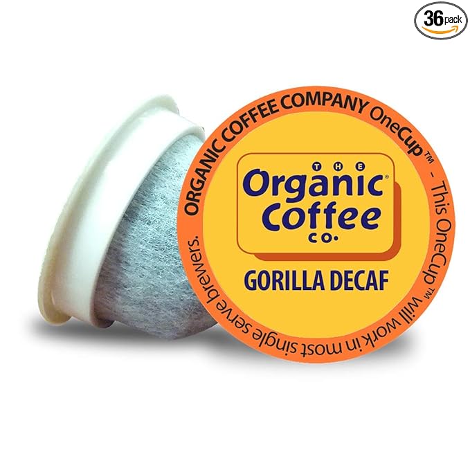 The Organic Coffee Co. Compostable Coffee Pods - Gorilla Decaf (36 Ct) K Cup Compatible including Keurig 2.0, Medium Roast, Swiss Water Processed, USDA Organic