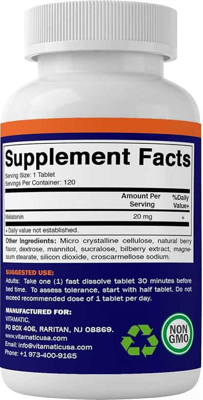 Vitamatic Melatonin 20mg Tablets 20 MG (1/2 Tablets 10mg) (120 (120 Count 6))