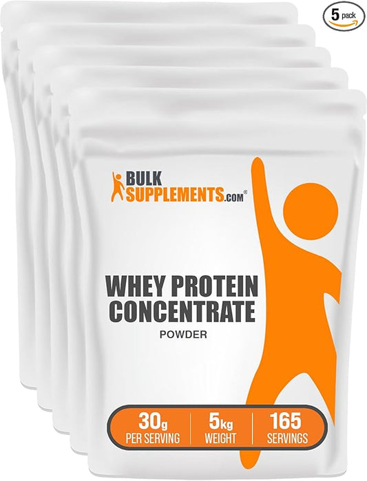 BulkSupplements.com Whey Protein Concentrate Powder 80% - Unflavored Protein Powder, Flavorless Protein Powder, Whey Protein Powder - Gluten Free, 30g per Serving, 5kg (11 lbs) (Pack of 5)
